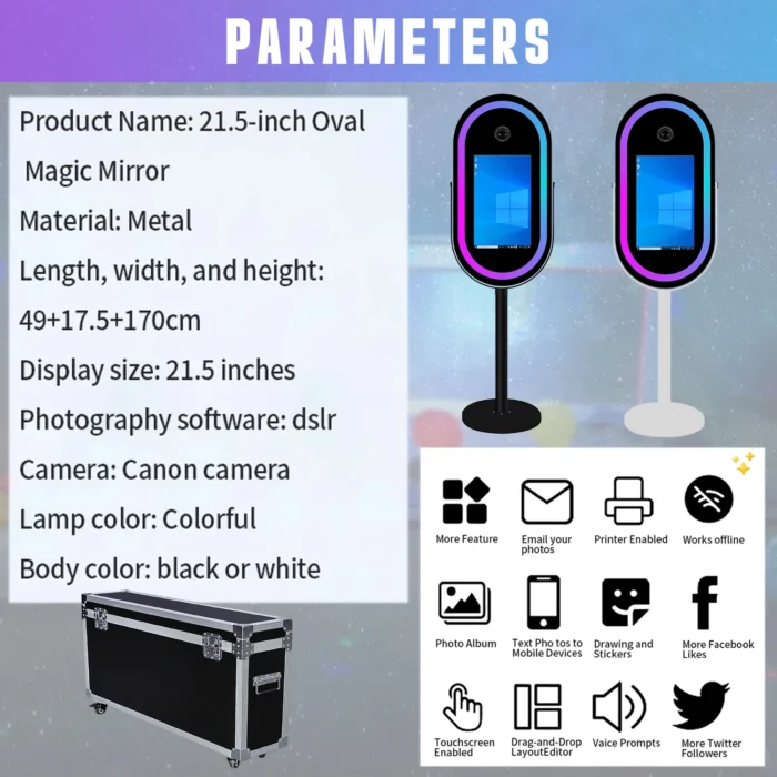 TechnoWhale Portable Oval Shape 21.5’’ LCD Touch Screen Magic Mirror Photobooth with Flight Case for Events Wedding Party - Image 9