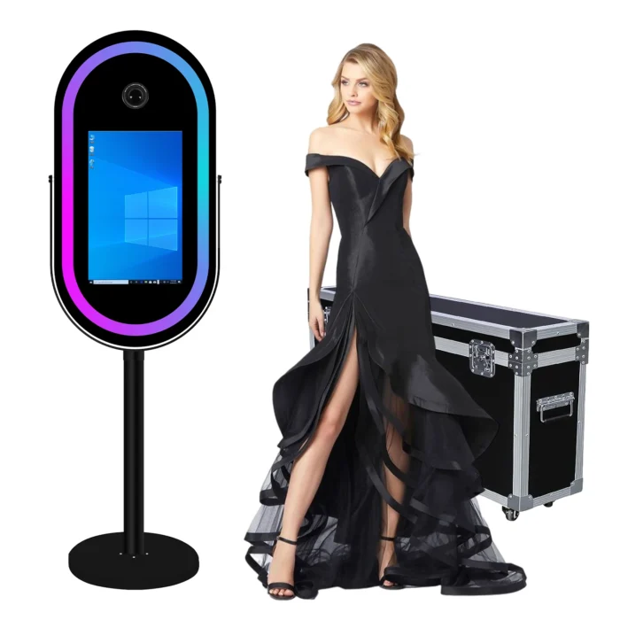 TechnoWhale Portable Oval Shape 21.5’’ LCD Touch Screen Magic Mirror Photobooth with Flight Case for Events Wedding Party - Image 1