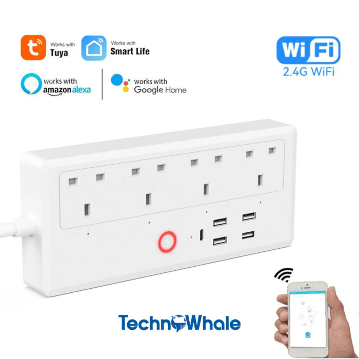 Technowhale Smart Power Strip UK WiFi Plug with Tuya application Power Monitor 1.8m Cable Length with 4 AC Socket 4 USB Ports and 1 USB-C Smart Home Appliance Voice Control for Alexa and Google Home - Image 1